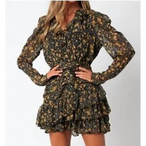 Olivaceous Long Sleeve Mini Blue Gold Floral Dress Ruffle Women's size Medium